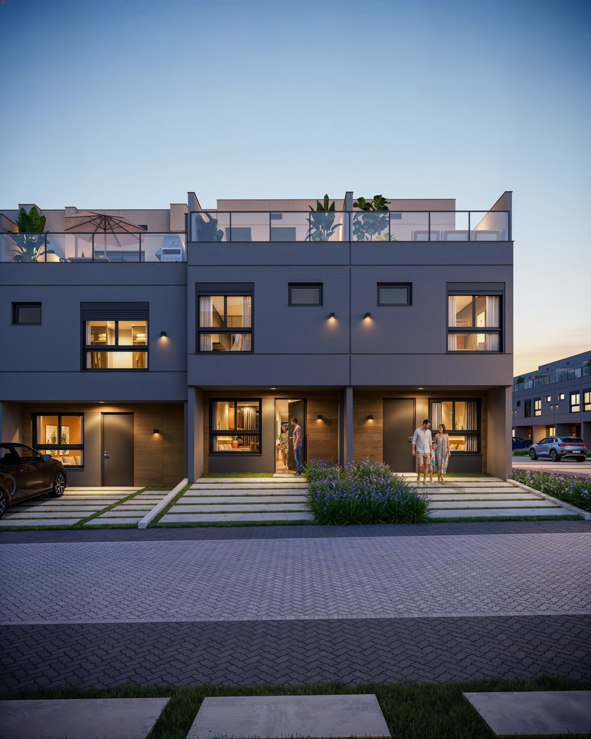 Fachada das casas do Casa Tua ao entardecer